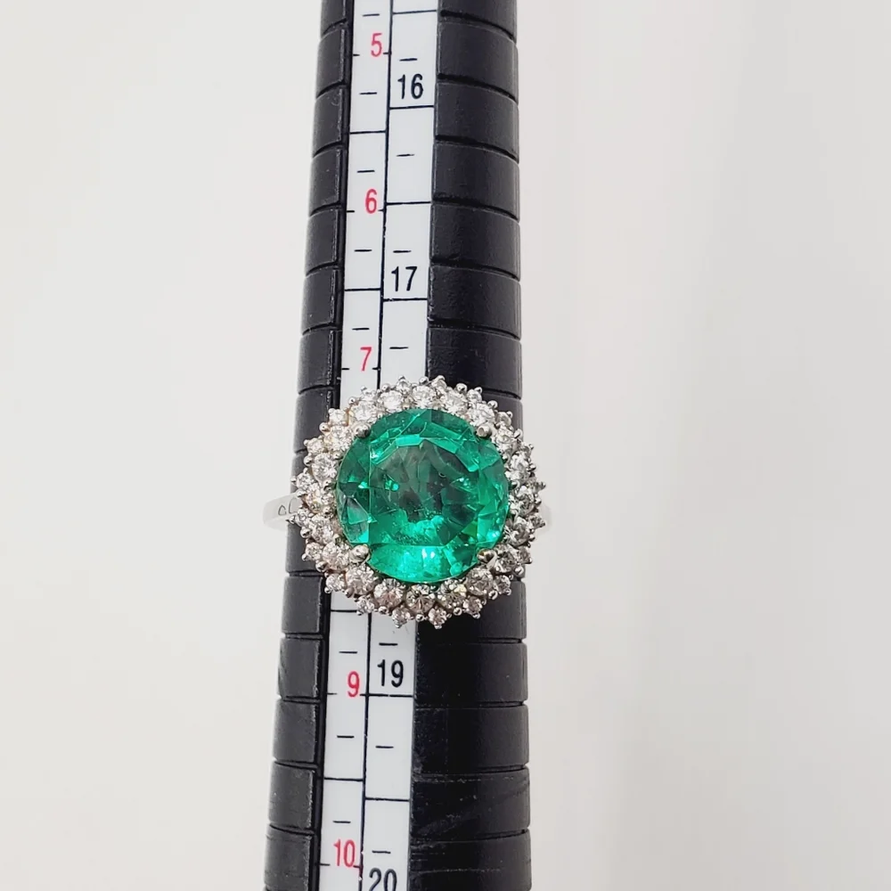 Emerald Green Quartz & White Zircon Sunburst Halo Ring Platinum Over Silver
